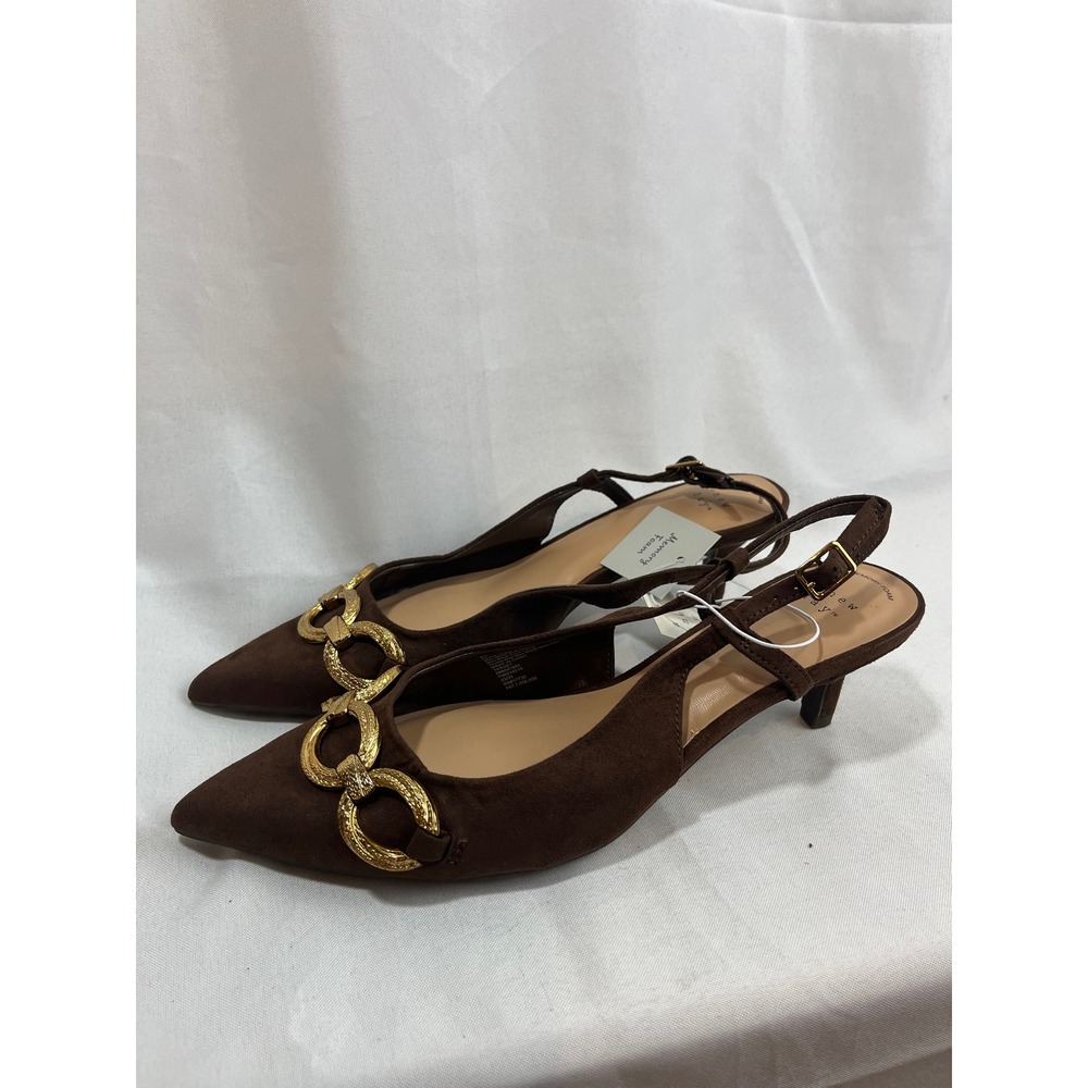 A New Day Women Brown Faux Suede Slingback Kitten Heels Gold Chain Link Size 8.5
